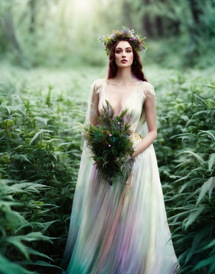 Woman in Multicolored Gown with Floral Crown Standing Among Ferns