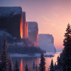 Tranquil sunset over snow-covered cliffs and river