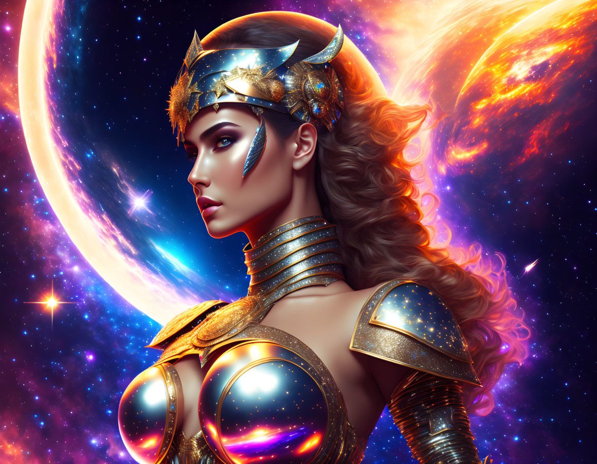 Female warrior digital art: Golden armor, helmet, cosmic backdrop, planet, stars