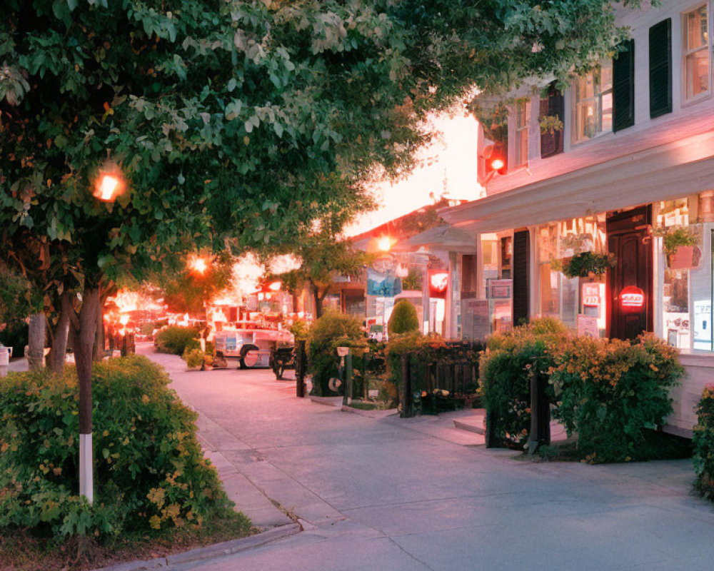 Tranquil Twilight Street Scene with Vintage Diner and Trees