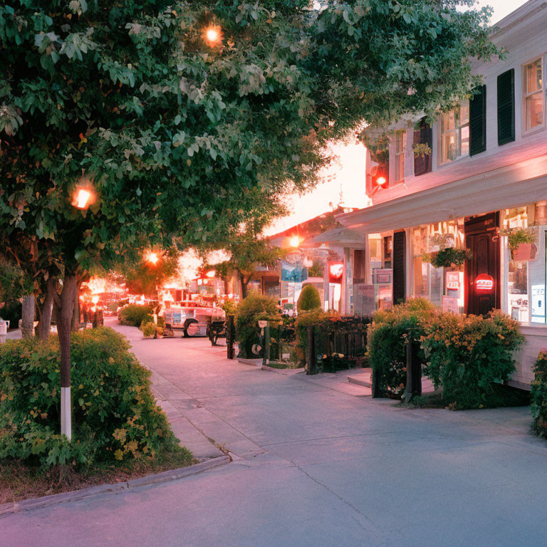 Tranquil Twilight Street Scene with Vintage Diner and Trees