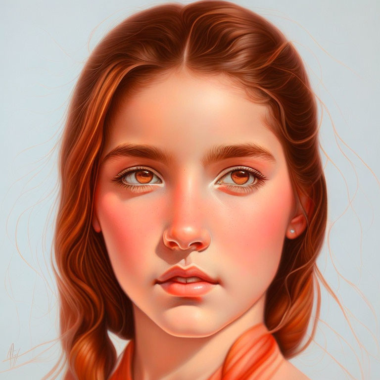 Detailed Digital Portrait of Young Girl with Brown Eyes and Auburn Hair