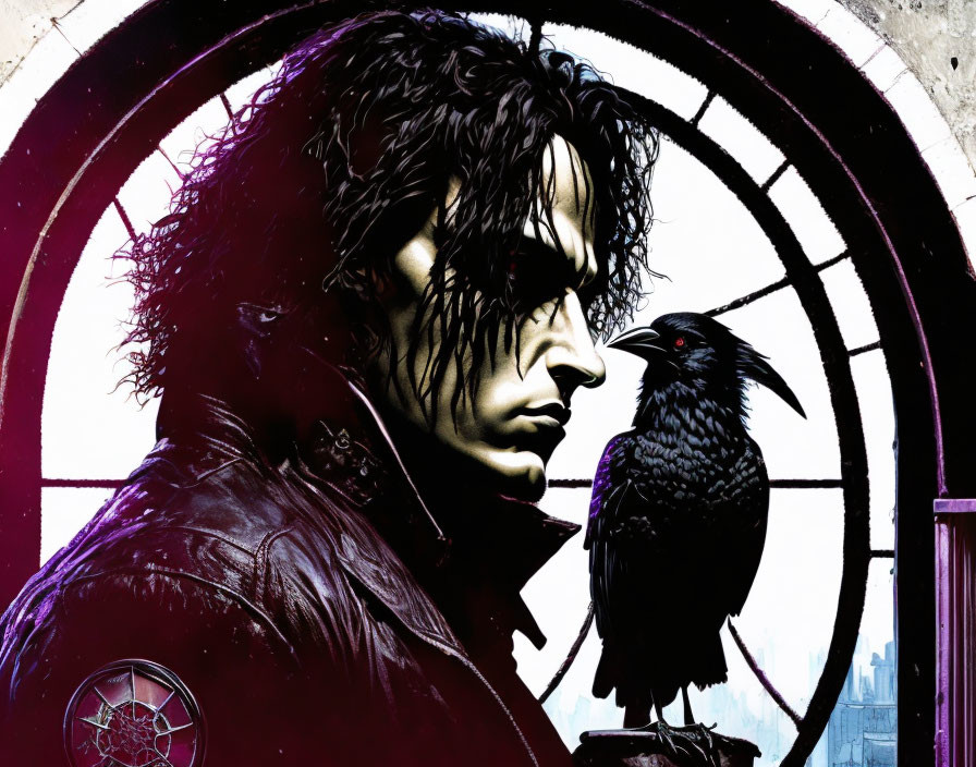 Gothic-style illustration of somber man with crow in stained-glass setting