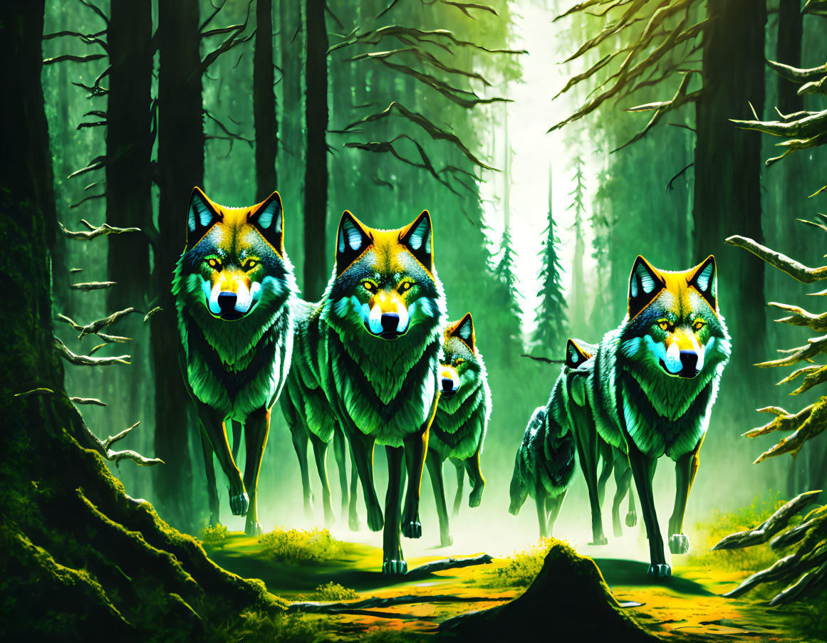 Illustrated wolves in vibrant forest scene with light rays