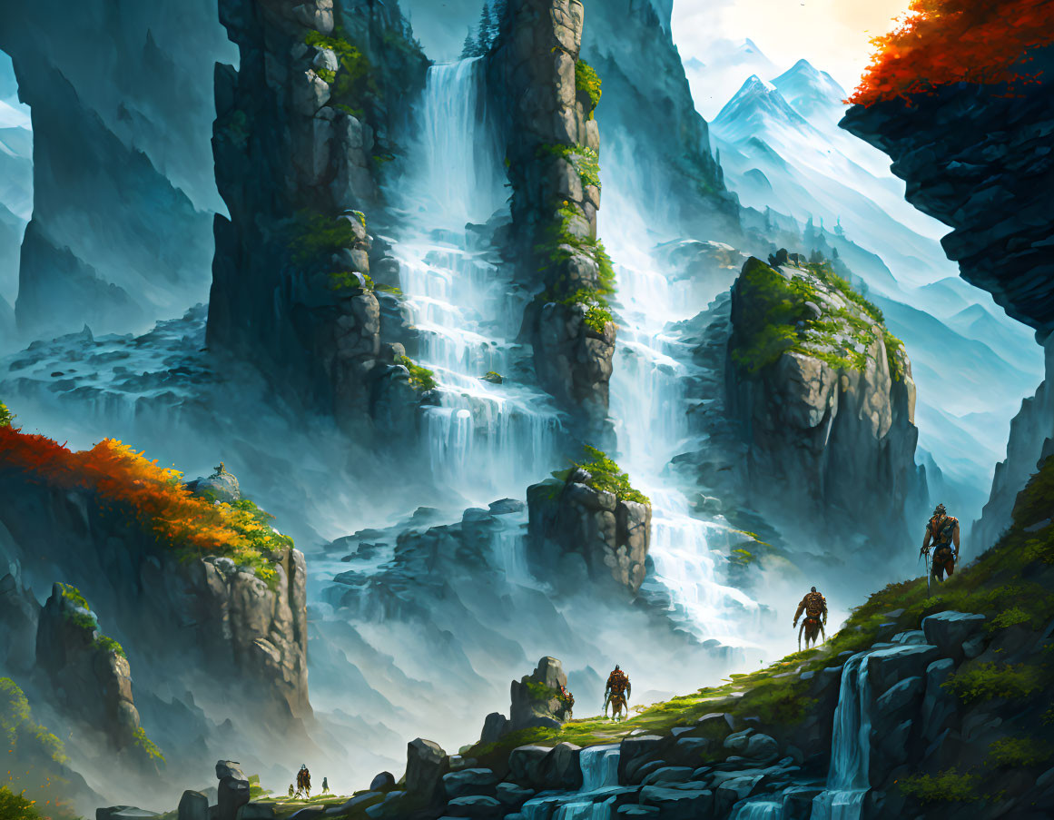 Majestic waterfall, adventurers by river, serene mountain landscape