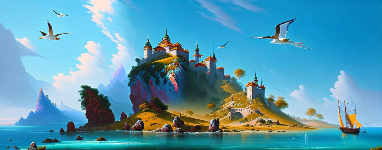 Colorful Castles and Sailing Ship in Vibrant Seascape