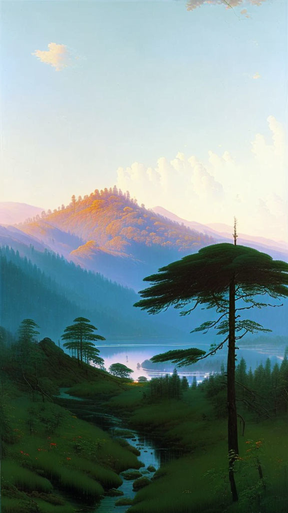 Serene Sunset Landscape with Lake, Forests & Mountain