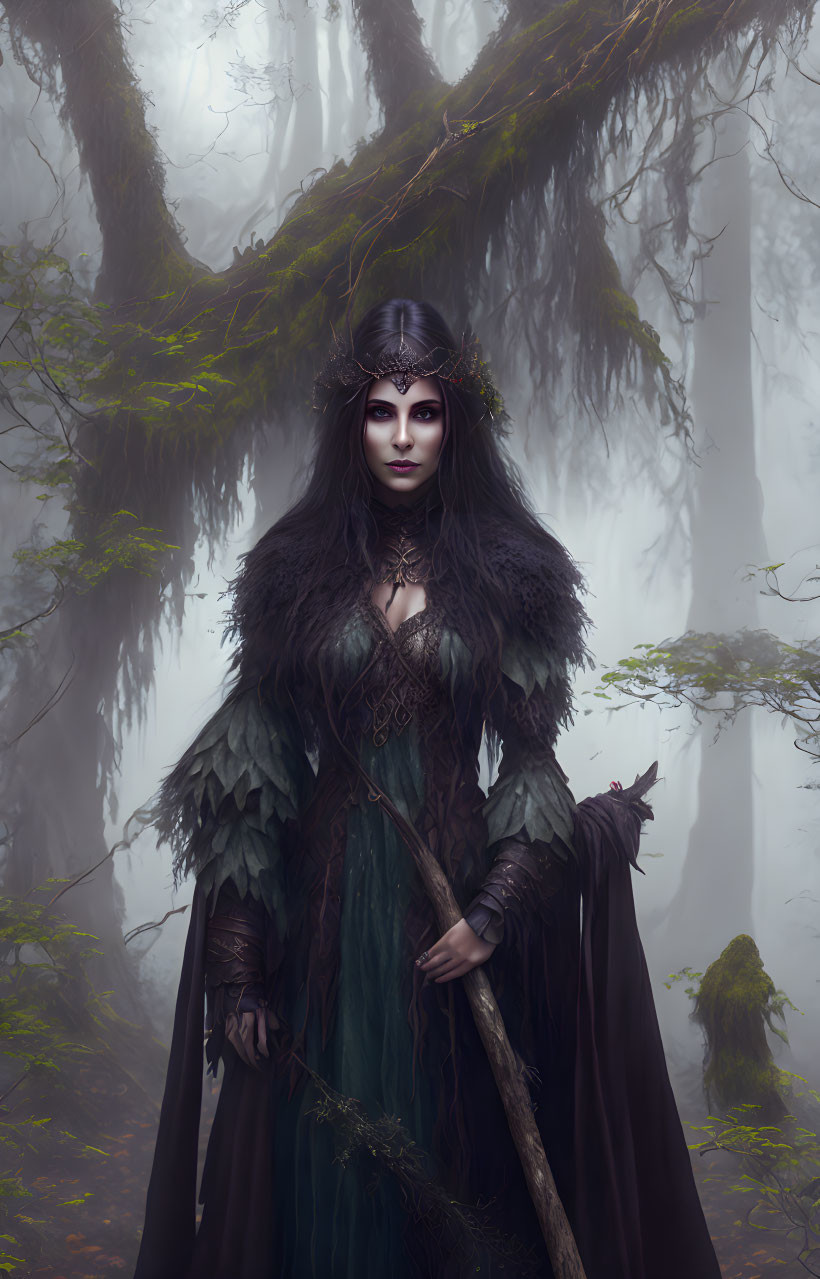 Mysterious woman in dark gown with feathered mantle and crown in misty forest