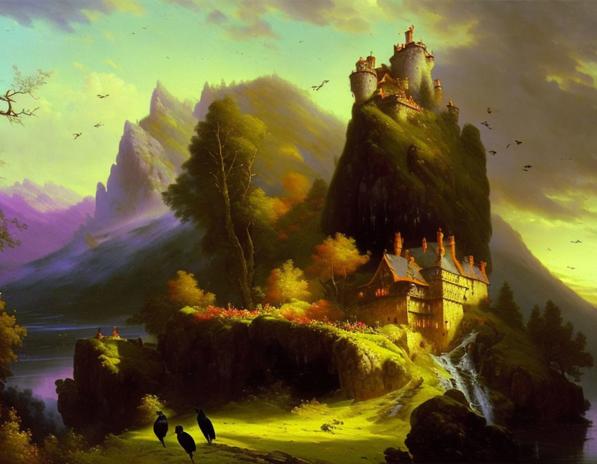 Fantastical landscape with castle, waterfalls, foliage, and birds under golden sky