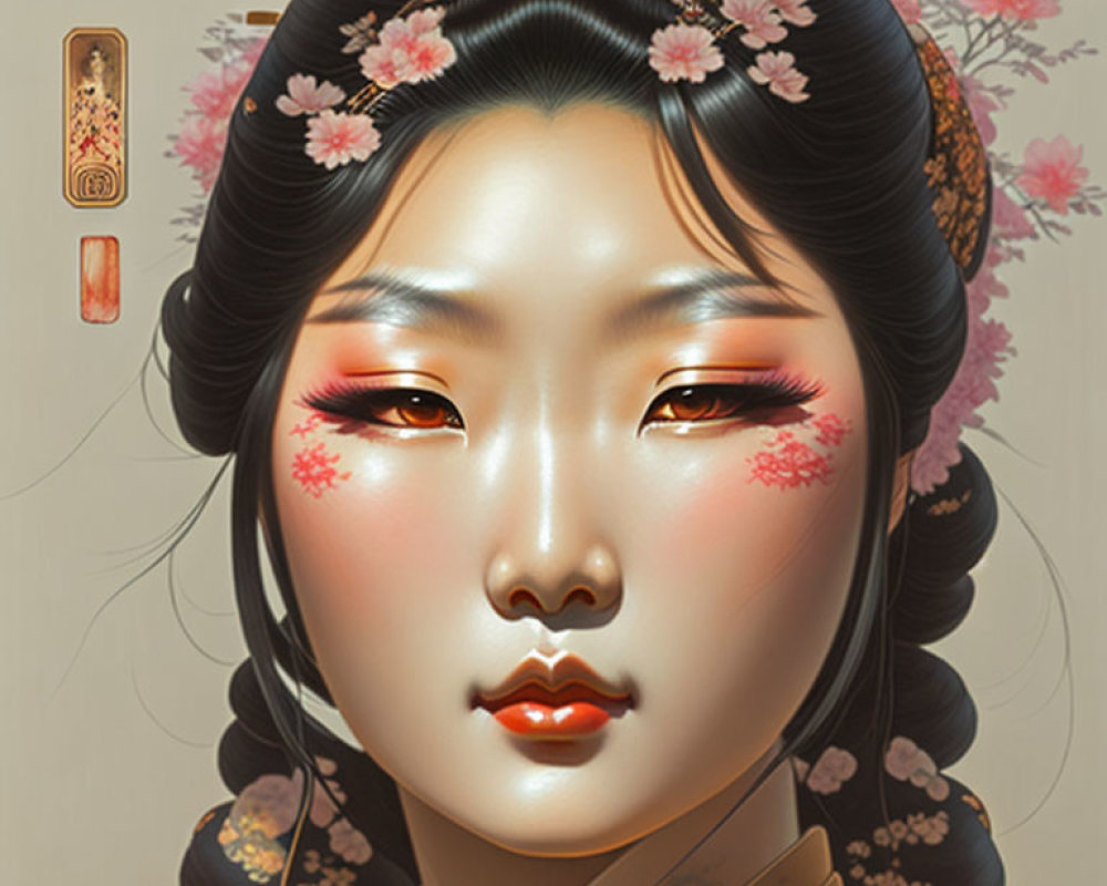 Illustrated portrait of a woman with Asian features and cherry blossom motifs in warm tones