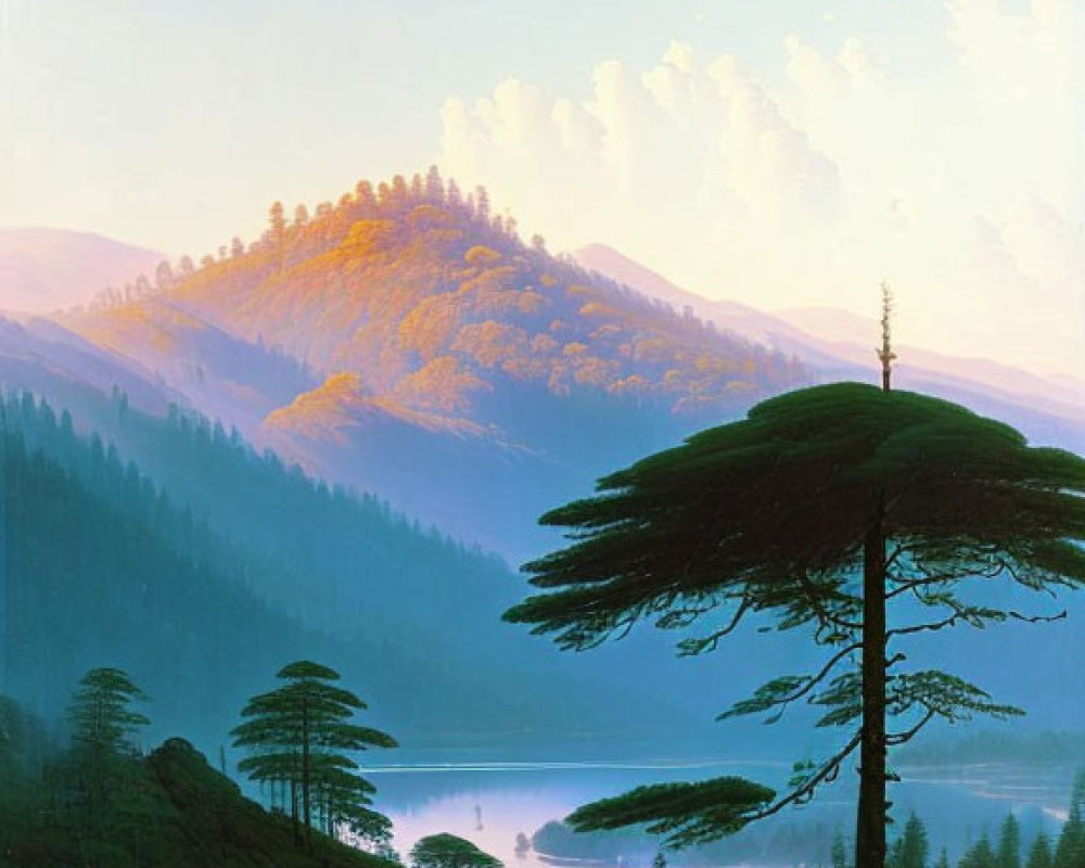 Serene Sunset Landscape with Lake, Forests & Mountain