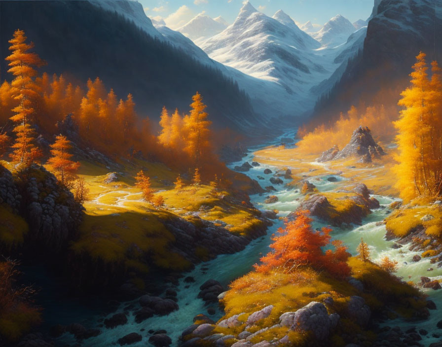 Scenic autumn valley with orange foliage, river, and snowy mountains