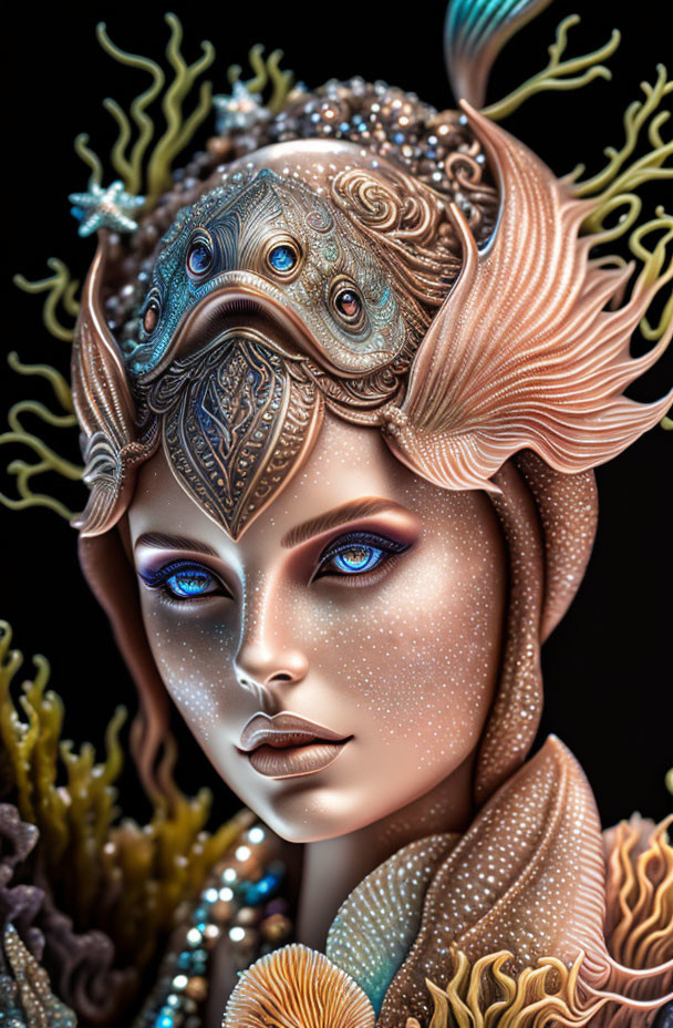 Fantastical Female Figure with Ornate Sea-Themed Headdress and Blue Eyes