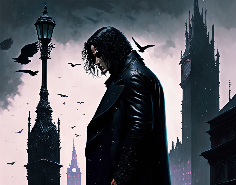 Long-haired figure in front of gothic cityscape with crows, lamppost, and clock