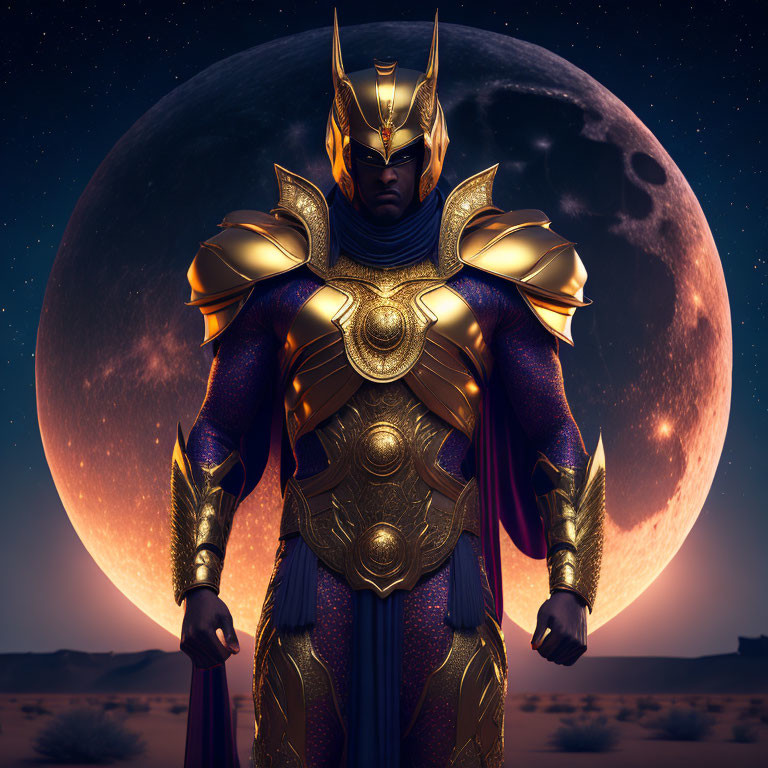 Elaborate Golden Armor Figure Under Night Sky with Moon