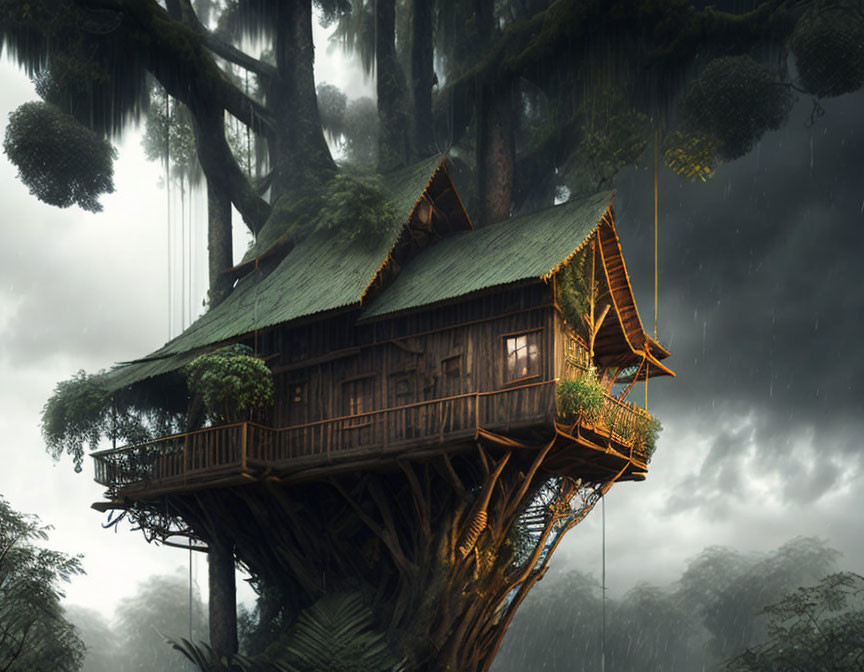 Mystical treehouse in lush, foggy forest.