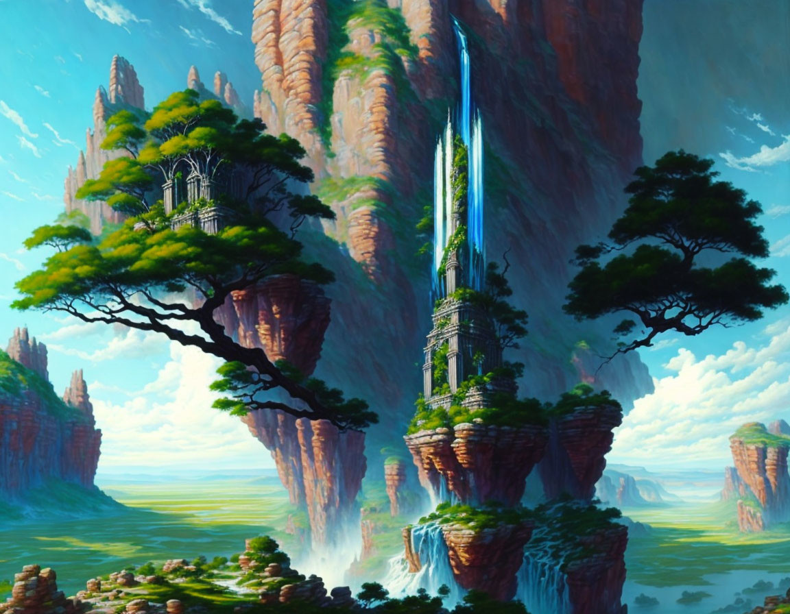 Majestic rock pillars, greenery, and futuristic structure in a vibrant landscape