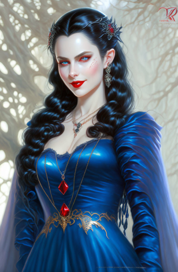 Digital Artwork: Woman in Royal Blue Dress with Red Jewel Necklace