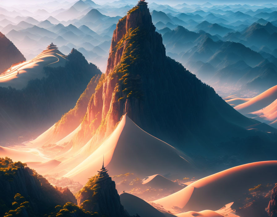 Majestic mountain landscape in golden light with misty valleys