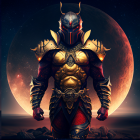 Elaborate Golden Armor Figure Under Night Sky with Moon