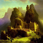 Fantastical landscape with castle, waterfalls, foliage, and birds under golden sky