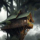 Mystical treehouse in lush, foggy forest.