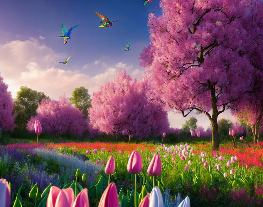 Colorful Spring Landscape with Cherry Trees, Tulip Field, and Birds