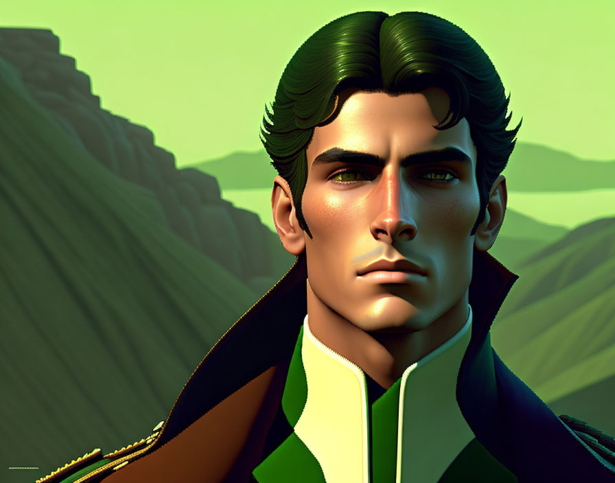 Stylized man portrait in dark hair, green clothing, against mountain backdrop