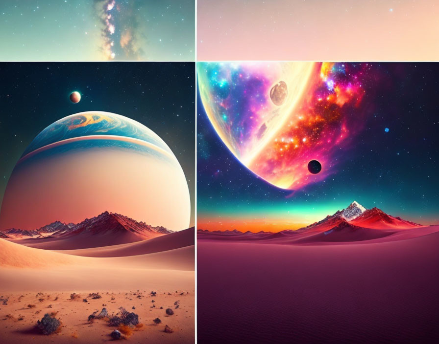 Surreal landscapes of vast deserts with celestial bodies and colorful nebulae