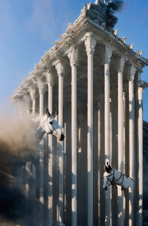 Surrealist image: Classical building with Corinthian columns and horse-headed figures in mist