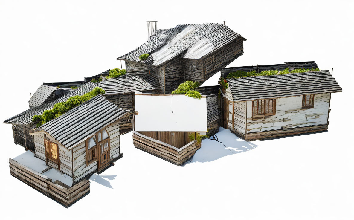 3D illustration of rustic wooden houses with green roofs