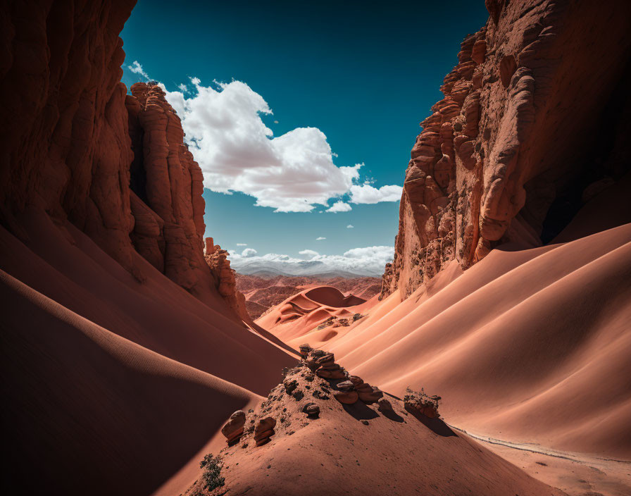 Tranquil Desert Landscape with Sand Dunes and Rock Formations