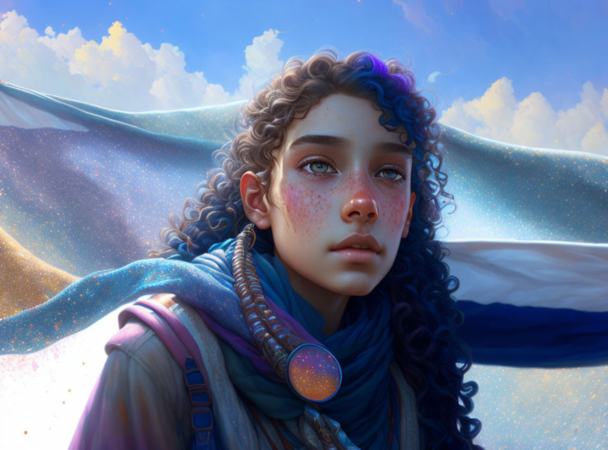 Young person with curly hair and freckles in scarf against cosmic sky.