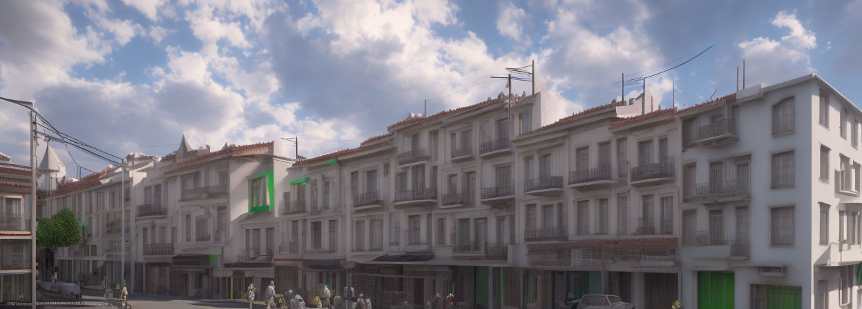 Cityscape with residential buildings, pedestrians, and parked cars under cloudy sky