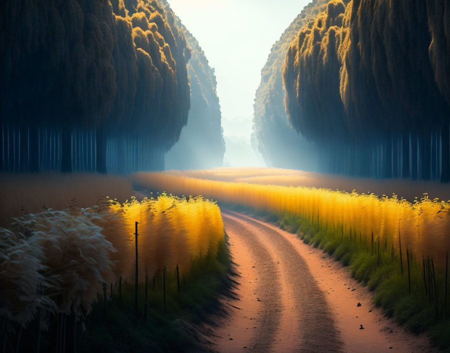 Tranquil dirt road surrounded by golden pampas grass and forest canopy