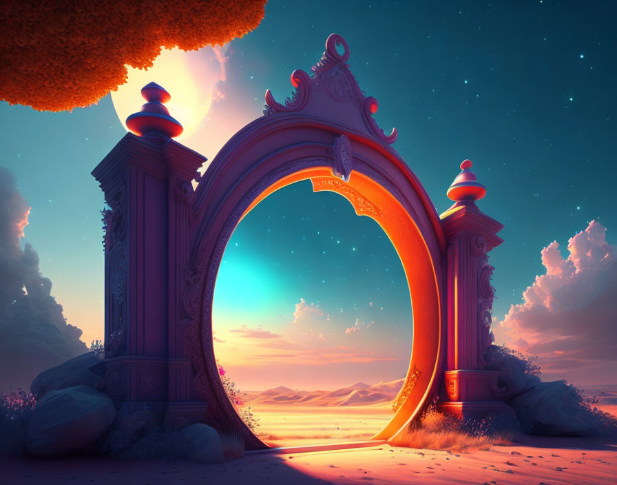 Ornate archway on beach at sunset with vibrant colors and serene ocean view