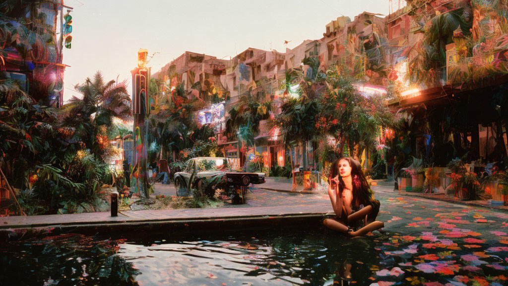 Woman sitting by water with floating flowers in vibrant, neon-lit urban scene