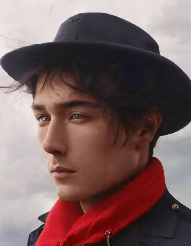 Fair-skinned person in black hat and red turtleneck gazes sideways under cloudy sky.