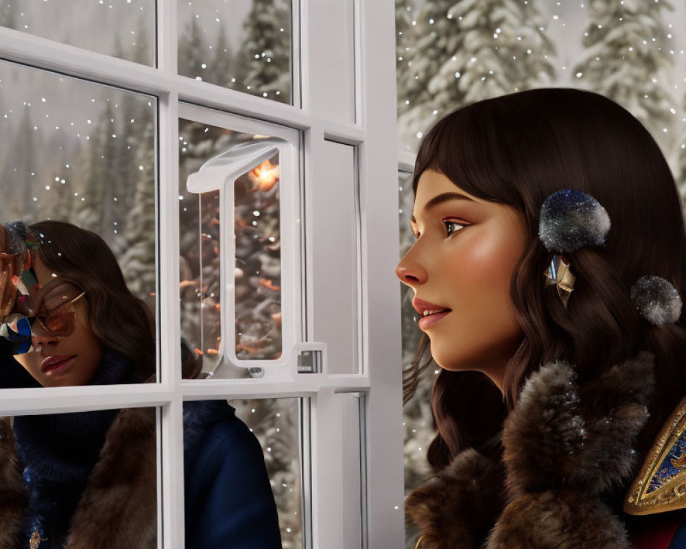 Woman in festive attire looking out snowy window in contemplation.