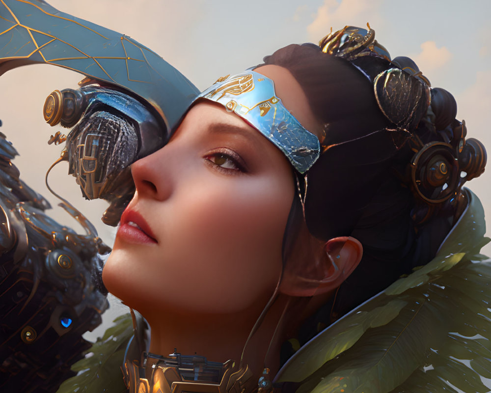 Female character with futuristic headset and intricate hair ornaments in close-up view.