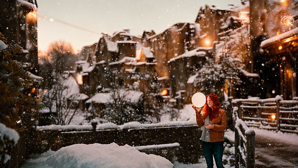 Red-haired person with glowing orb in snow-covered village at evening