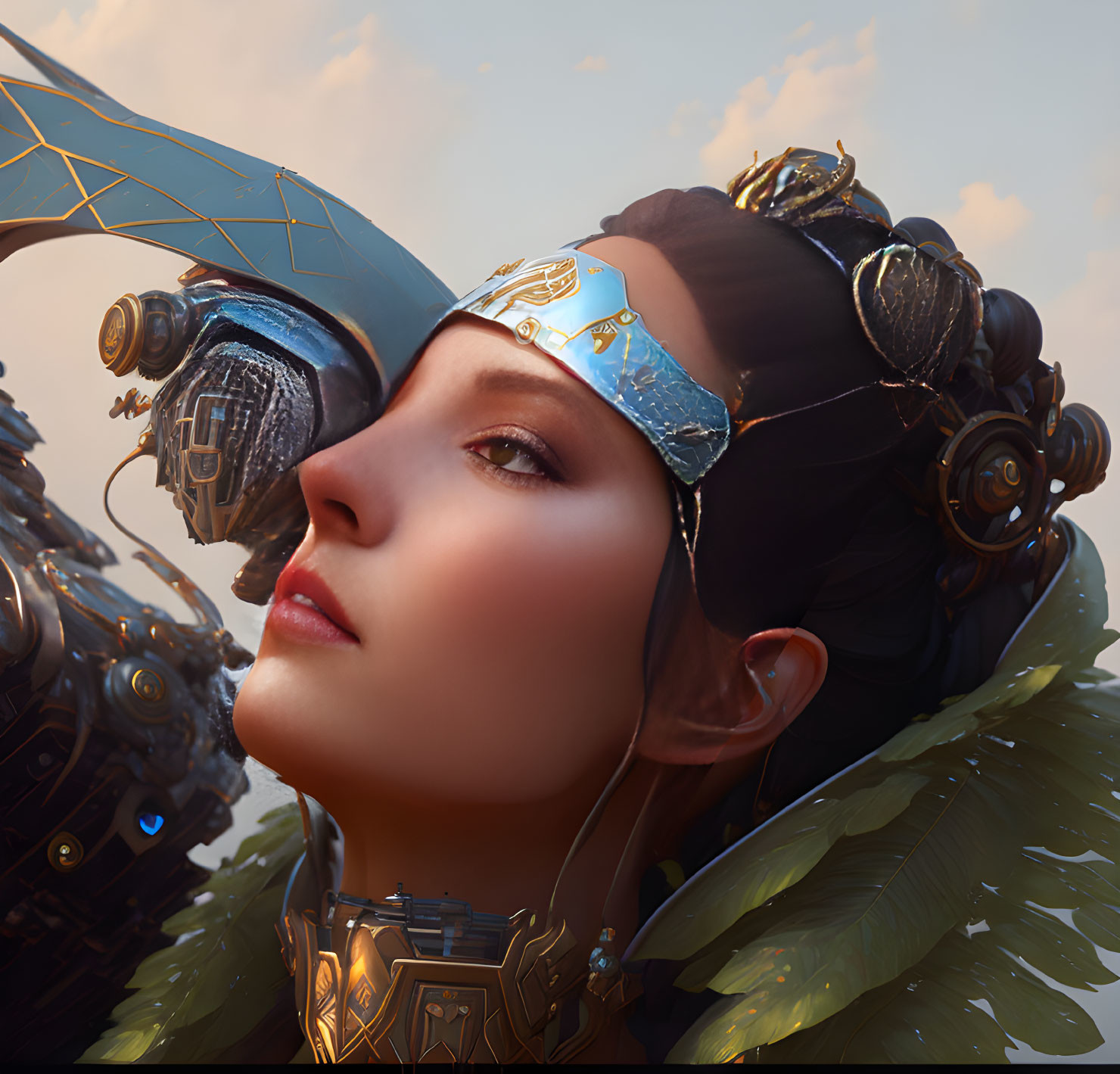 Female character with futuristic headset and intricate hair ornaments in close-up view.