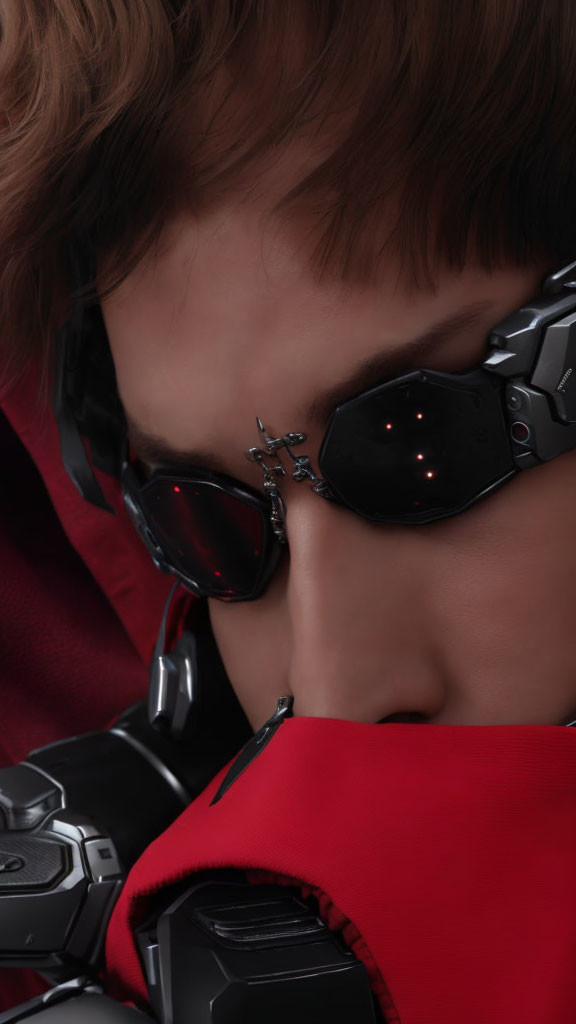 Person in futuristic armor with sunglasses and red cape, in close-up.