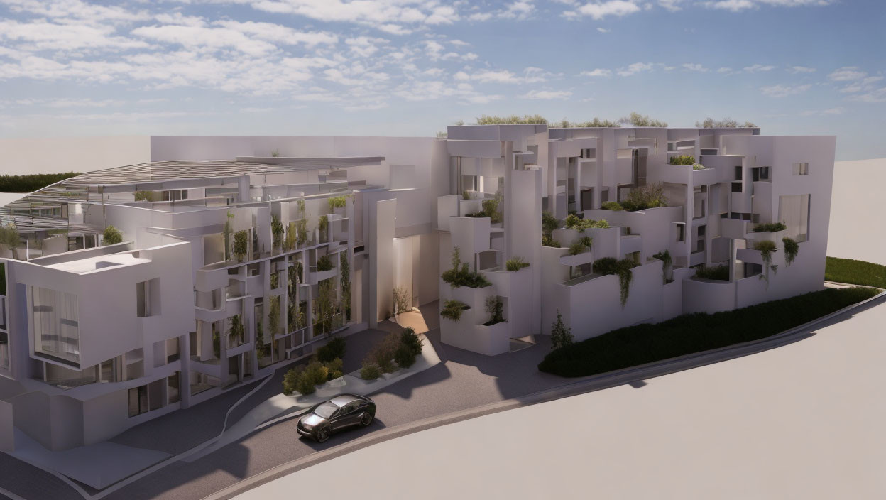 White Multi-Story Building with Green Balcony Plants and Parked Car