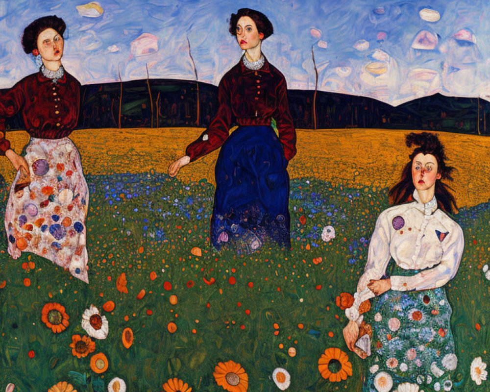 Ornately dressed women in colorful meadow under blue sky