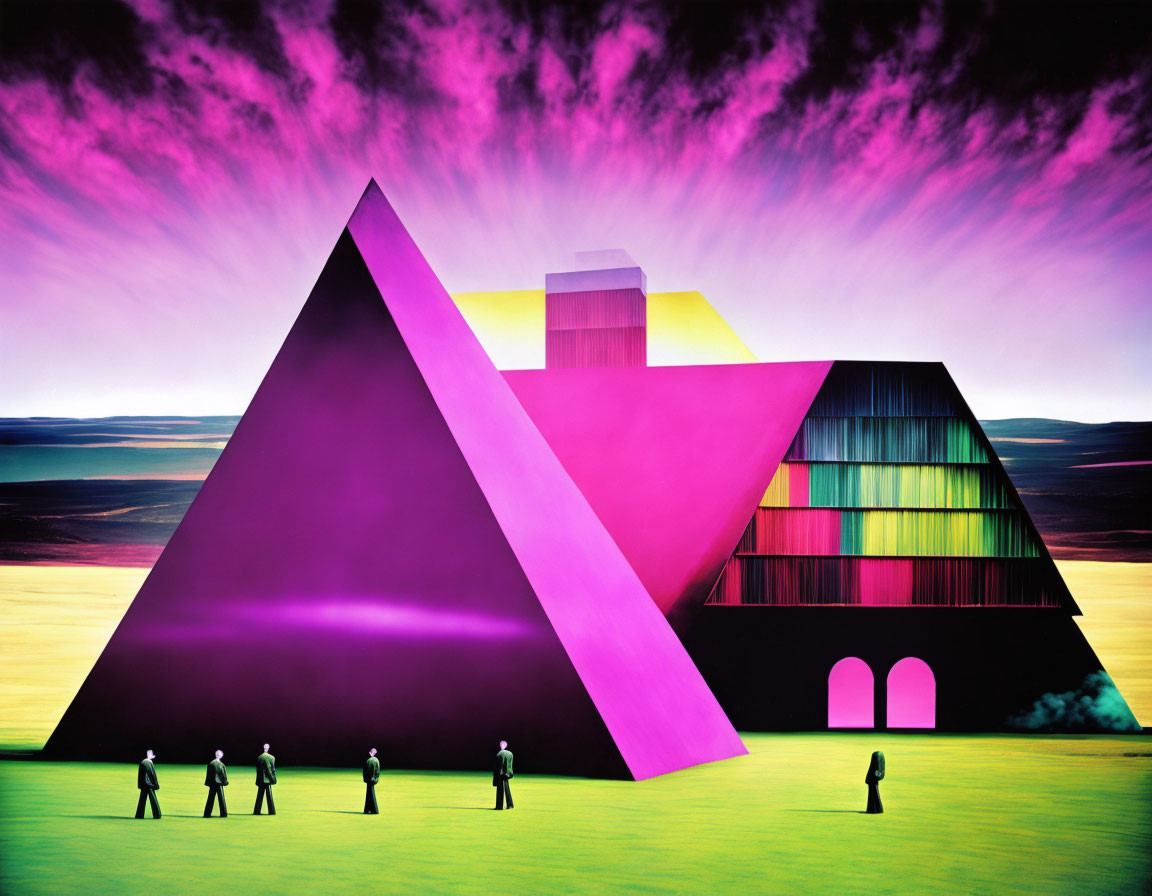 Colorful Pyramid Structure in Surreal Landscape with Silhouetted Figures