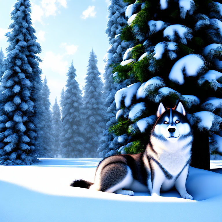 Siberian Husky in Snow with Pine Trees and Blue Sky