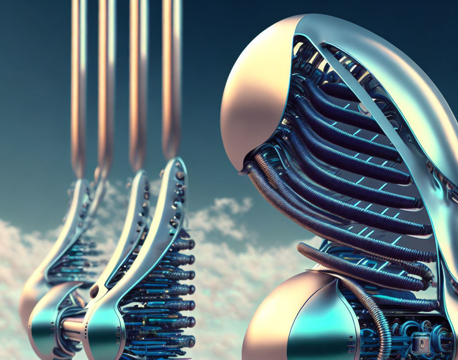 Intricate futuristic metallic structures against serene sky background