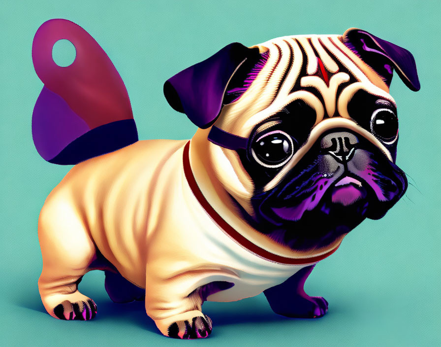 Cartoon pug with large eyes and purple cape on teal background