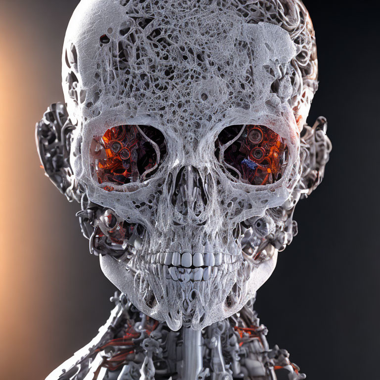 Detailed 3D Rendering of Skull-Headed Robot with Visible Inner Mechanisms